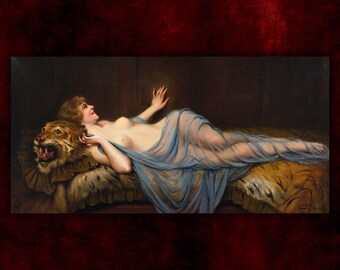 Frau mit Tiger von Franfrancois Martin Kavel Leinwanddruck • Klassischer Fine Art Akt Druck • Giclée Druck • Gothic Wohnkultur