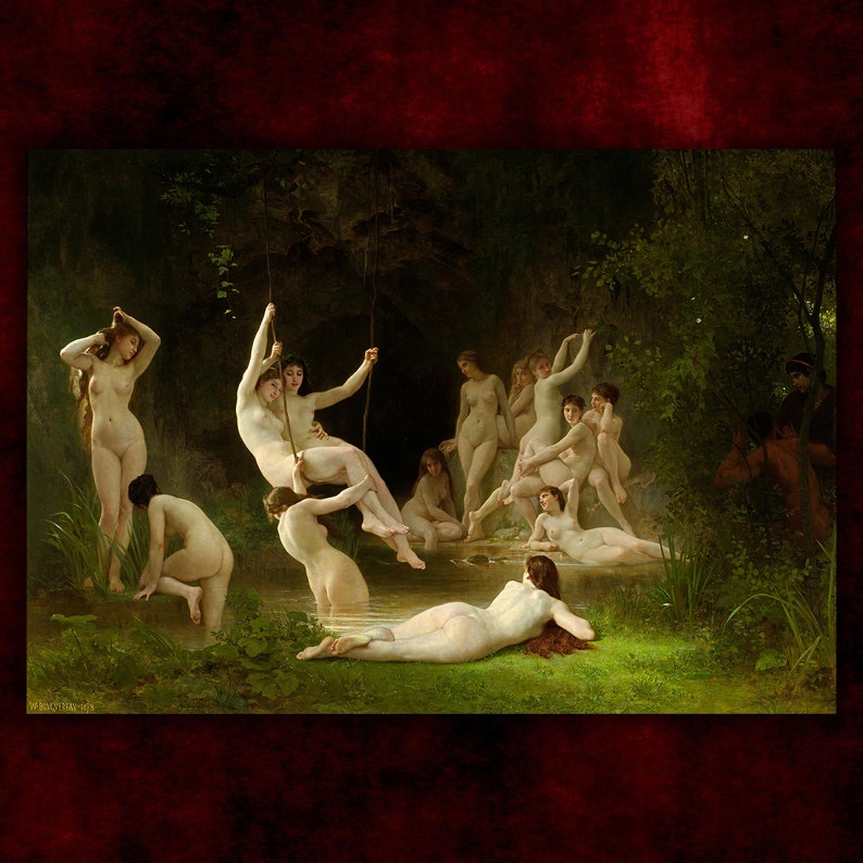 The Nymphaeum by William Bouguereau Canvas Print 1878 Nude Woman Painting Giclée Prints Gothic Home Decor Wolf Kult image 1