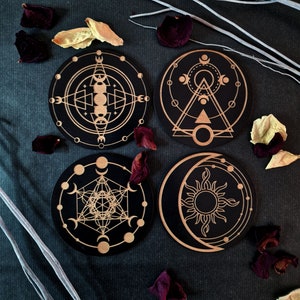 Moons Wooden Coaster Set Gothic Home Decor Spooky Season Ornament Coffee Lovers Housewarming Gift Laser Cut Engraving Wolf Kult image 5