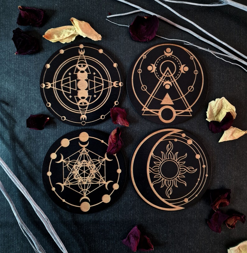 Moons Wooden Coaster Set Gothic Home Decor Spooky Season Ornament Coffee Lovers Housewarming Gift Laser Cut Engraving Wolf Kult image 5