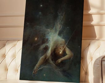 May include: Stretched canvas art print featuring a classical painting of a figure amidst a nebula, with a bright light emanating from the figure's chest. The artwork is set against a dark background with visible stars. The text "Stretched canvas" is at the bottom.