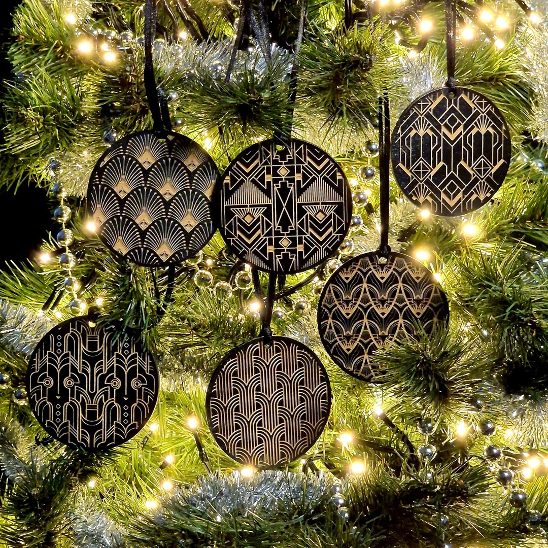 Art Deco Wooden Christmas Tree Ornament Set Gothic Home Decor Yule