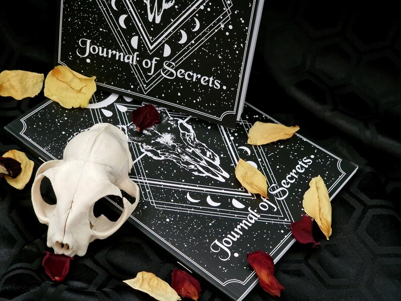 Puede incluir: Dos diarios negros con texto blanco e ilustraciones. El texto en los diarios dice "Journal of Secrets". Los diarios est&aacute;n sobre una superficie negra con p&eacute;talos de flores secas.