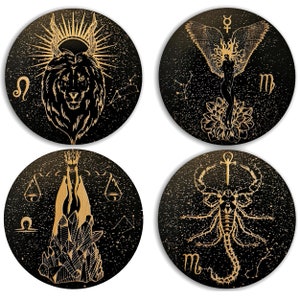 Zodiac Wooden Coaster Set • Gothic Home Decor • Spooky Season Ornament • Coffee Lovers • Housewarming Gift • Laser Cut Engraving • Wolf Kult