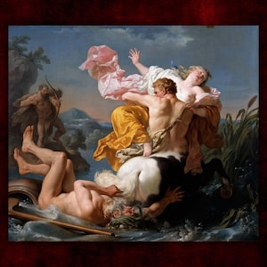 May include: A painting depicting a mythological scene with a woman riding a white and black bull-like creature. The woman is wearing a yellow and white dress and is holding onto the creature's back. A man is falling into the water below, while another man with a bow and arrow stands on the shore.