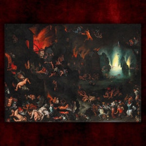 Può includere: Un dipinto scuro e drammatico che rappresenta una scena dell'inferno. Il dipinto è pieno di figure di persone che vengono torturate dai demoni. La scena è ambientata in un paesaggio infuocato con un lago di fuoco sullo sfondo.