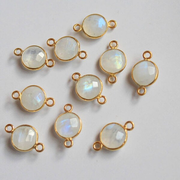Natural Rainbow Moonstone 10Pcs 8mm Round 92.5 Sterling Silver Gold Pleating Briolette Cut Double Bail and Loop Bezel Set Link Connector