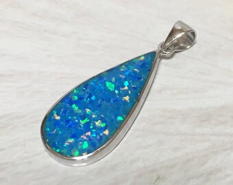 Statement PC Gorgeous Hawaiian Blue Opal Necklace Sterling Silver Blue Opal Tear-Drop Pendant N2259 Birthday Mom Wife Valentine Gift