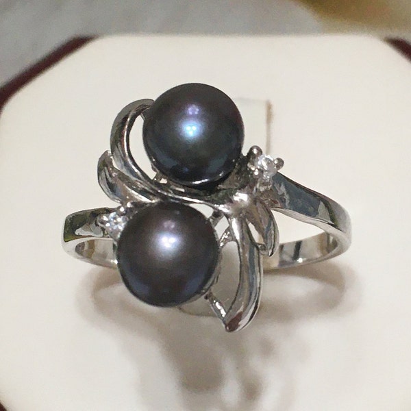 Unique Beautiful Hawaiian Genuine 2 Black Pearl Ring, Sterling Silver 2 Black Pearl CZ Ring, R2414 Birthday Mom Valentine Gift, Statement PC