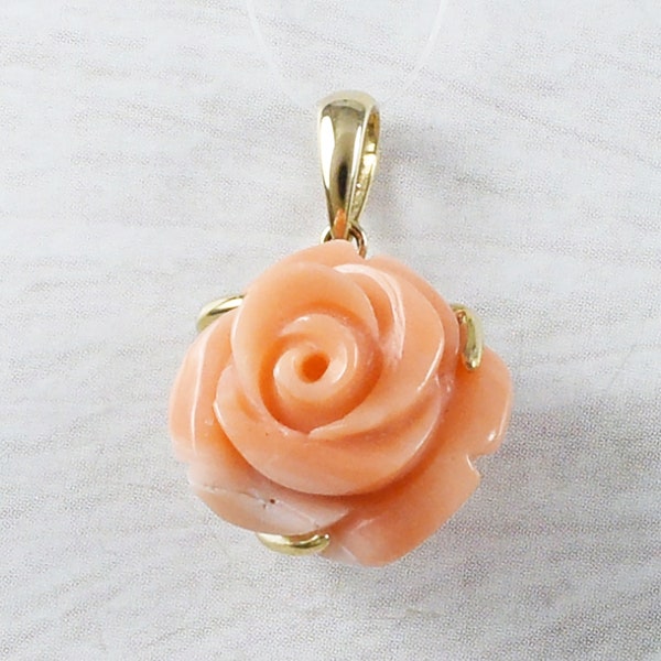 Unique Beautiful Hawaiian Genuine Pink Coral Rose Pendant, 14KT Solid Yellow-Gold Pink Coral Hand Carved Rose Pendant, P9210 Statement PC