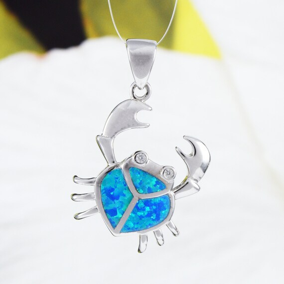 Unique Gorgeous Hawaiian Blue Opal Crab Necklace Sterling Silver