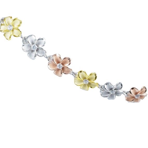 Unique Hawaiian 3 tone Plumeria Ankle Bracelet Sterling Silver