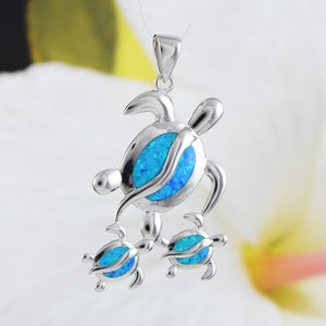 Gorgeous X-Large Mom & 2 Baby Turtle Necklace, Sterling Silver Hawaiian Blue Opal Sea Turtle Family Pendant, N6169 Birthday Mother Gift image 2