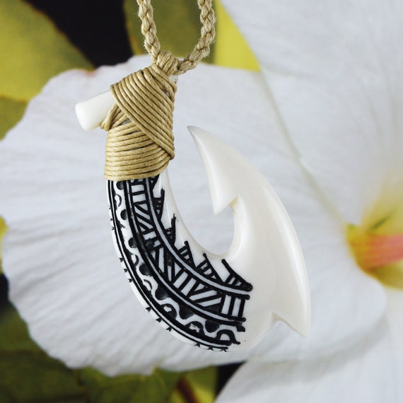 Unique Hawaiian Large Fish Hook Necklace, Hand Carved Buffalo Bone 3D Fish Hook Necklace, N9113 Birthday Mother Gift, Island Jewelry