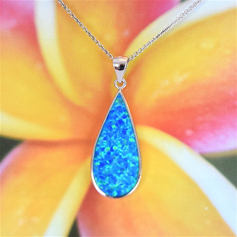 Statement PC Gorgeous Hawaiian Blue Opal Necklace Sterling Silver Blue Opal Tear-Drop Pendant N2259 Birthday Mom Wife Valentine Gift