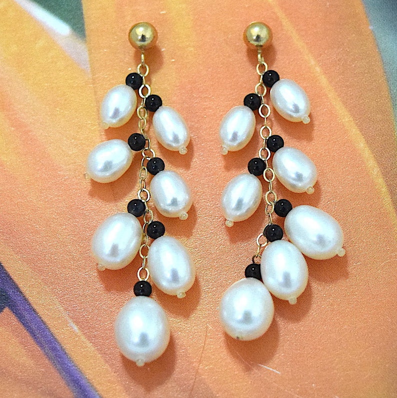 14KT Solid Yellow-Gold White Pearl Black Coral Dangle Earring E5568 Birthday Mom Gift Exquisite Genuine White Pearl Earring Statement PC