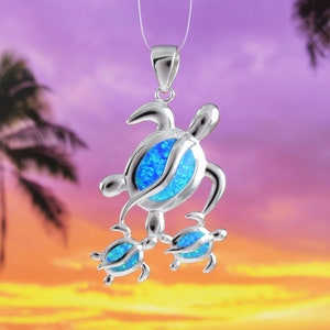 Gorgeous X-Large Mom & 2 Baby Turtle Necklace, Sterling Silver Hawaiian Blue Opal Sea Turtle Family Pendant, N6169 Birthday Mother Gift image 1