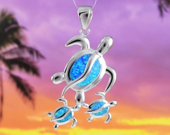 Gorgeous X-Large Mom & 2 Baby Turtle Necklace, Sterling Silver Hawaiian Blue Opal Sea Turtle Family Pendant, N6169 Birthday Mother Gift