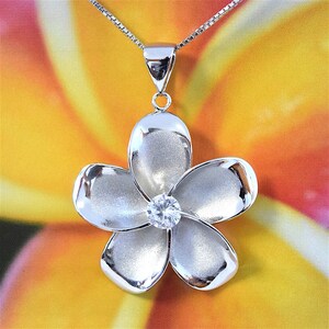 Gorgeous Large Hawaiian Plumeria Necklace, Sterling Silver Plumeria Flower CZ Pendant N6003 Birthday Mother Mom Gift, Island Jewelry