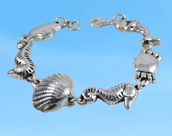 Unique Gorgeous Hawaiian X-Large Seahorse Seashell Mermaid Crab Bracelet, Sterling Silver Sealife Bracelet, B3305 Birthday Mom Gift