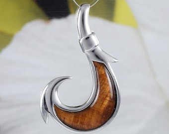Gorgeous Hawaiian Large Genuine Koa Wood Fish Hook Necklace, Sterling Silver Fish Hook Pendant, N8515 Birthday Mother Gift