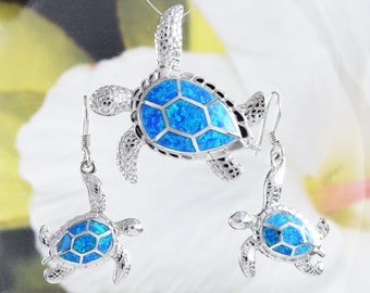 Gorgeous Large Hawaiian Sea Turtle Earring and Necklace, Sterling Silver Blue Opal Turtle Pendant, N6023S Birthday Mom Wife Valentine Gift