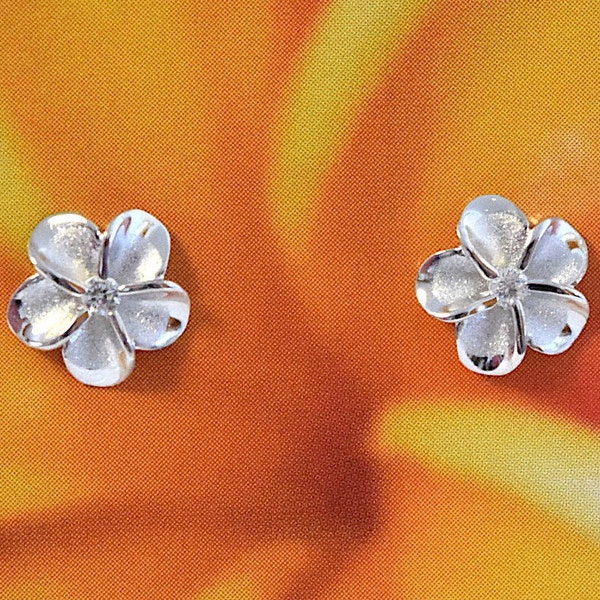 Pretty Small Hawaiian Plumeria Earring, Sterling Silver Plumeria Flower CZ Stud Earring, E4003 Birthday Wife Mom Girl Mother Gift, Island