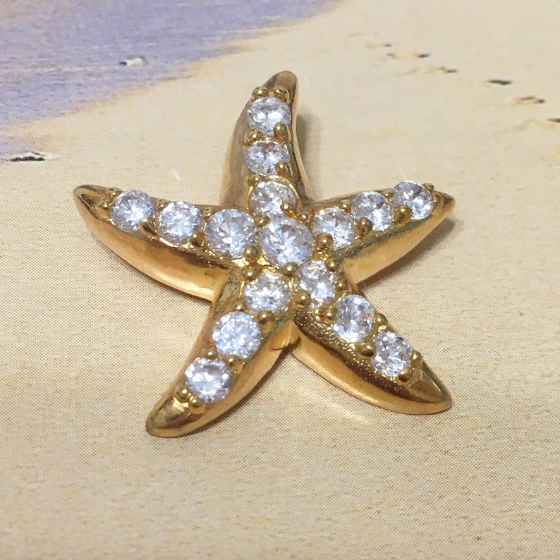 Beautiful Hawaiian Large Starfish Necklace N6071 Birthday Mom Gift Statement PC Sterling Silver Yellow-Gold Plated Starfish CZ Pendant