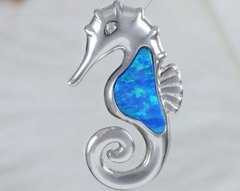 Beautiful Hawaiian Blue Opal Seahorse Necklace, Sterling Silver Blue Opal Seahorse Pendant N8378 Birthday Mother Mom Gift, Island Jewelry