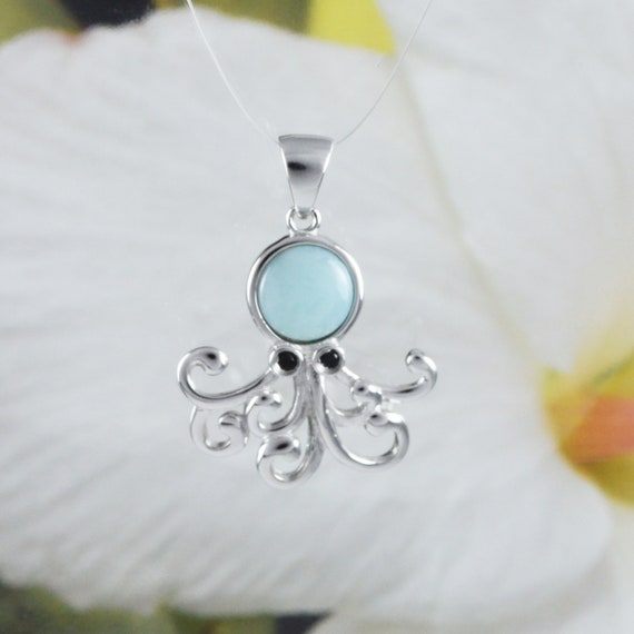 Unique Hawaiian Genuine Larimar Octopus Necklace Sterling Silver