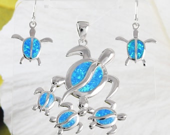 Gorgeous X-Large Mom & 3 Baby Sea Turtle Earring and Necklace, Sterling Silver Hawaiian Blue Opal Turtle Family Pendant, N6172SH Mother Gift