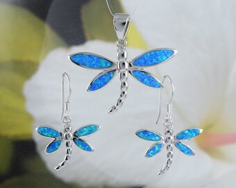 Stunning Hawaiian Large Blue Opal Dragonfly Necklace and Earring, Sterling Silver Opal Dragonfly Pendant N6147S Birthday Mother Mom Gift