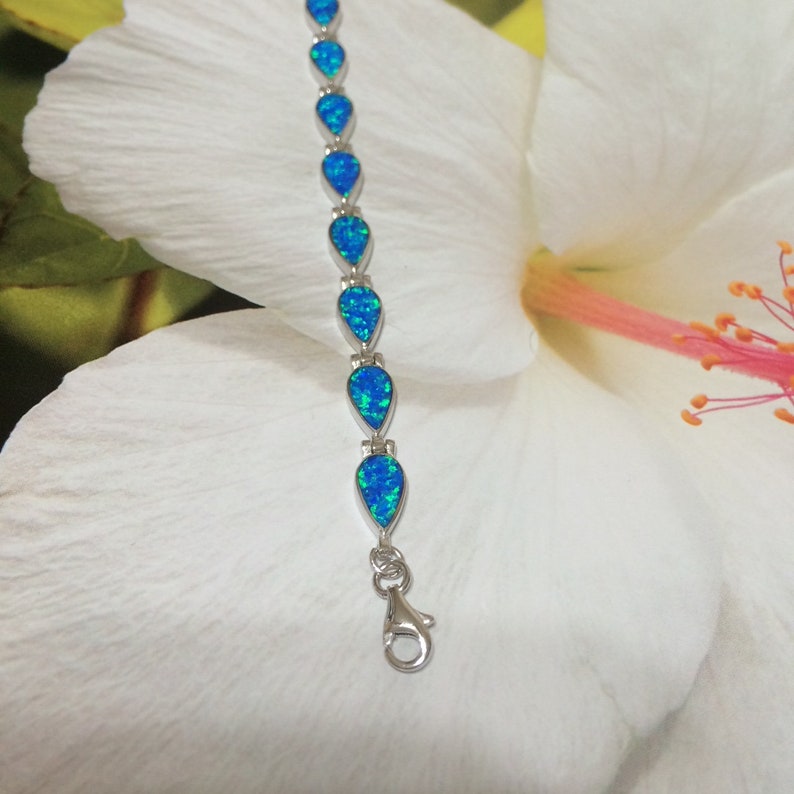 Gorgeous Hawaiian Blue Opal Bracelet B3010 Birthday Mom Wife Valentine Gift Statement PC Sterling Silver Blue Opal Pear-Shape Bracelet
