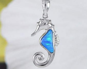 Beautiful Hawaiian Blue Opal Seahorse Necklace, Sterling Silver Blue Opal Seahorse Pendant N9183 Birthday Valentine Mom Gift, Island Jewelry