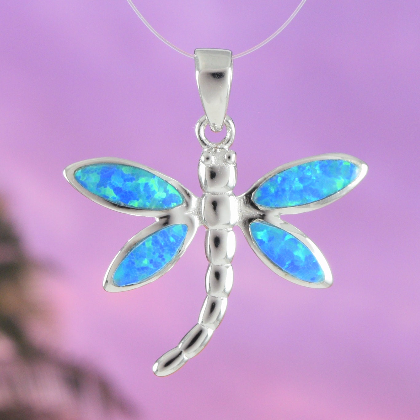 Beautiful Hawaiian Opal Dragonfly Necklace Sterling Silver Blue