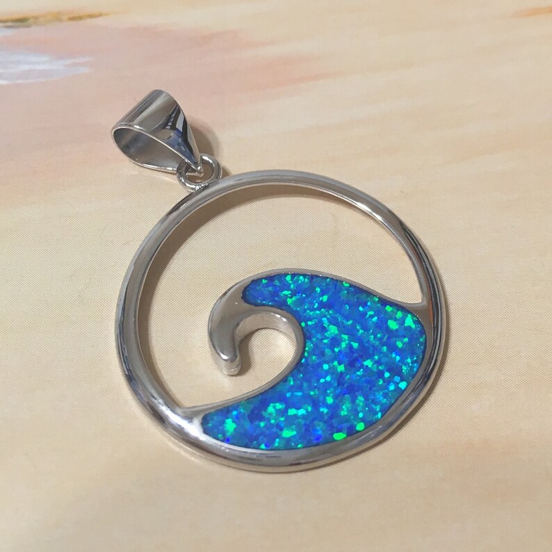 N2363 Birthday Mom Valentine Gift Unique Hawaiian Large Opal Ocean Wave Necklace Island Jewelry Sterling Silver Blue Opal Wave Pendant
