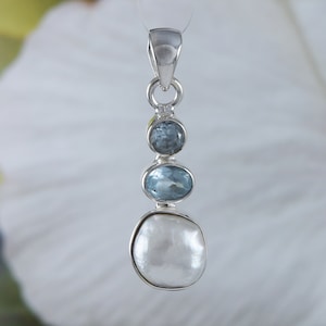 Unique Hawaiian Genuine Blue Topaz White Mabe Pearl Necklace, Sterling Silver Blue Topaz Pearl Pendant, N8977 Birthday Mother Mom Gift