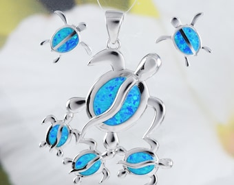 Gorgeous Hawaiian X-Large Mom & 3 Baby Sea Turtle Earring and Necklace, Sterling Silver Blue Opal Turtle Family Pendant, N6172S Mom Gift