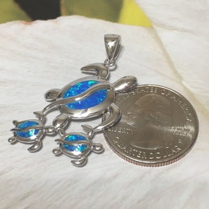 Gorgeous X-Large Mom & 2 Baby Turtle Necklace, Sterling Silver Hawaiian Blue Opal Sea Turtle Family Pendant, N6169 Birthday Mother Gift image 4