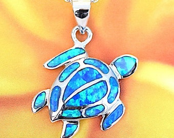 Unique Hawaiian Blue Opal Sea Turtle Necklace, Sterling Silver Blue Opal Turtle Pendant, N2115 Mother Birthday Mom Gift, Island Jewelry