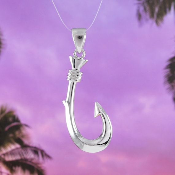 Gorgeous Hawaiian Large 3D Fish Hook Necklace, Sterling Silver Fish Hook Pendant, N6032 Statement PC, Birthday Mother Father's Day Gift