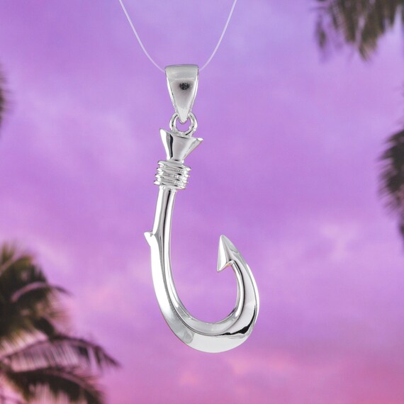 Gorgeous Hawaiian Large 3D Fish Hook Necklace, Sterling Silver Fish Hook Pendant, N6032 Statement PC, Birthday Mother Father's Day Gift