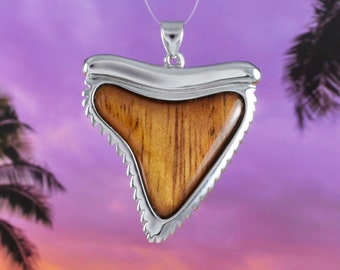 Unique Hawaiian X-Large Genuine Koa Wood Shark Teeth Necklace, Sterling Silver Shark Teeth Pendant, N8523 Birthday Mother Wife Mom Gift