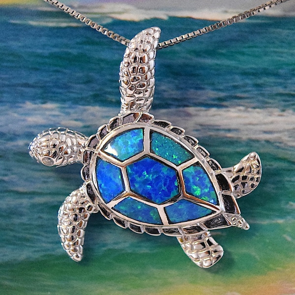 Gorgeous Large Hawaiian Sea Turtle Necklace, Sterling Silver Blue Opal Turtle Pendant, N6023 Birthday Mom Wife Mother Gift, Statement PC