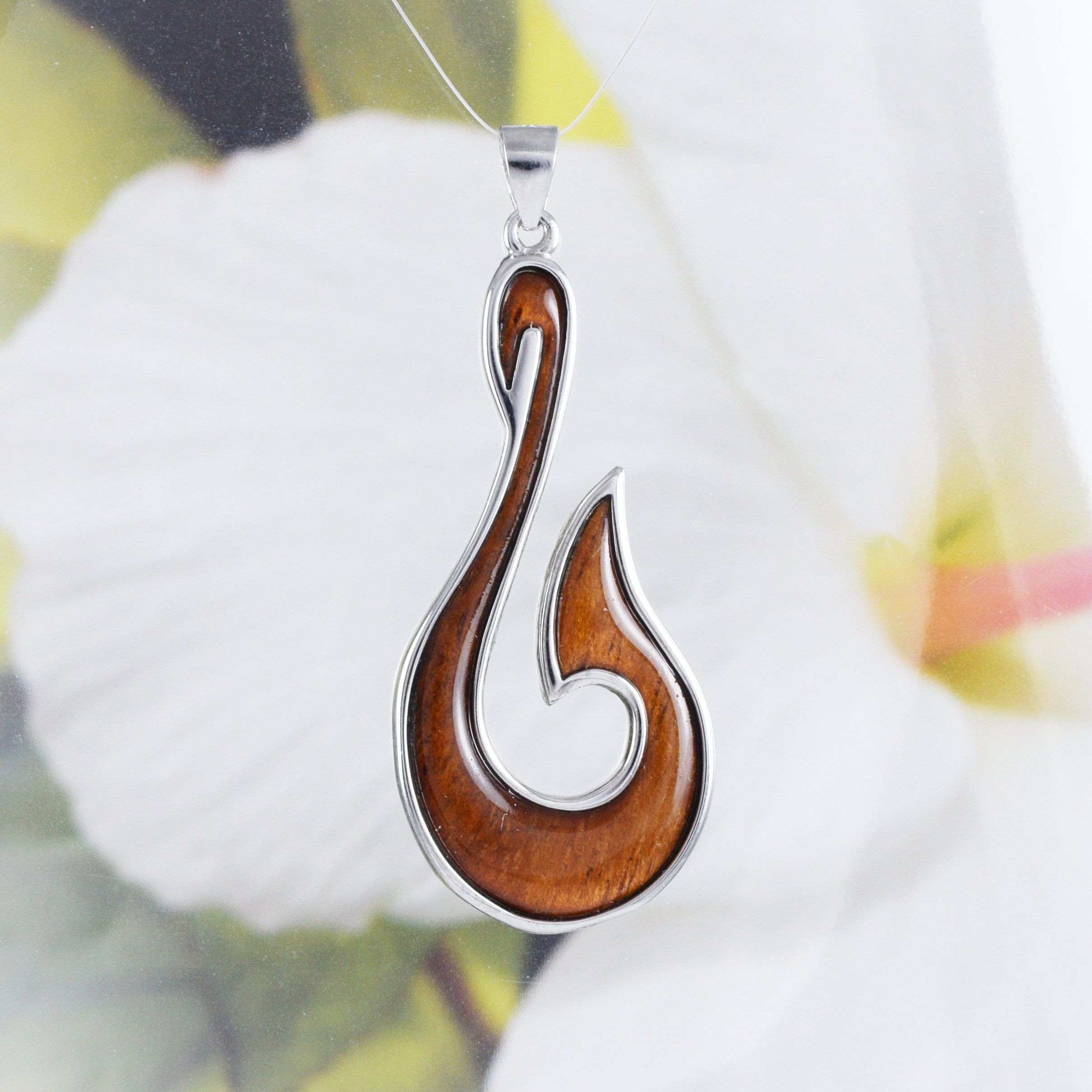 Gorgeous Hawaiian X-large Genuine Koa Wood Fish Hook Necklace, Sterling  Silver Fish Hook Pendant, N8862 Birthday Mother Gift 