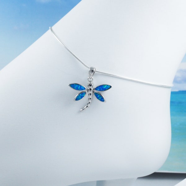 Beautiful Hawaiian Dragonfly Anklet or Bracelet, Sterling Silver Blue Opal Dragonfly Charm Bracelet, A6146 Birthday Mom Wife Mother Gift