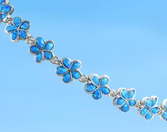 Beautiful Hawaiian Blue Opal Plumeria Bracelet, Sterling Silver Blue Opal Plumeria Bracelet, B3307A Birthday Mom Wife Valentine Gift