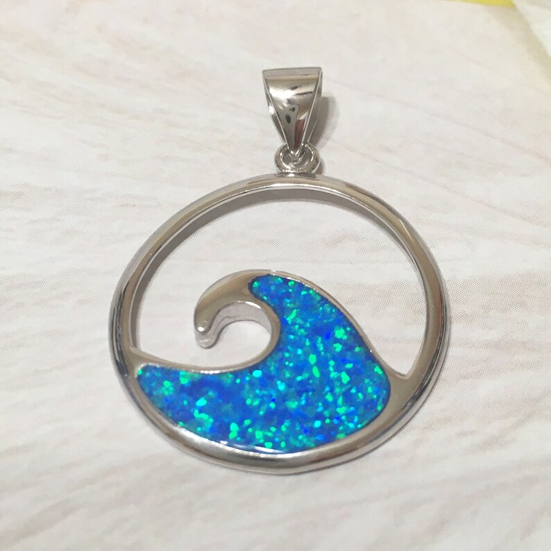 N2363 Birthday Mom Valentine Gift Unique Hawaiian Large Opal Ocean Wave Necklace Island Jewelry Sterling Silver Blue Opal Wave Pendant