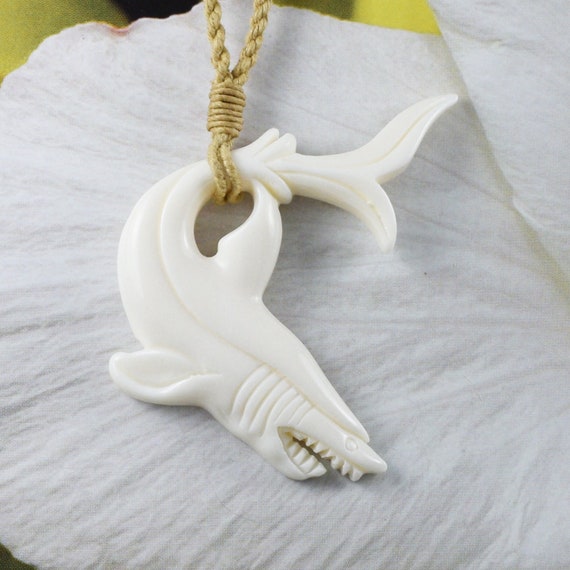 Unique Gorgeous Hawaiian Large Shark Necklace, Hand Carved Buffalo