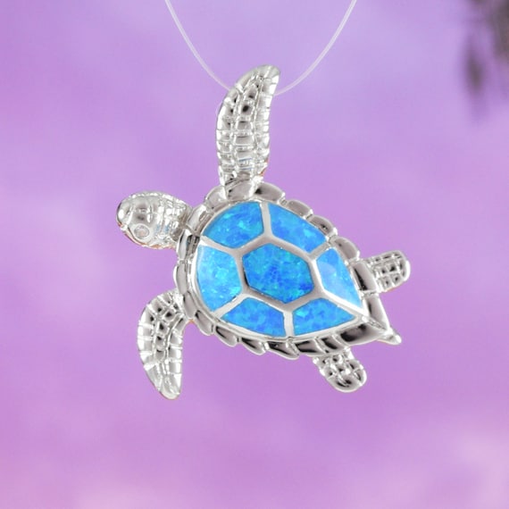 Pretty Hawaiian Sea Turtle Necklace Sterling Silver Blue Opal